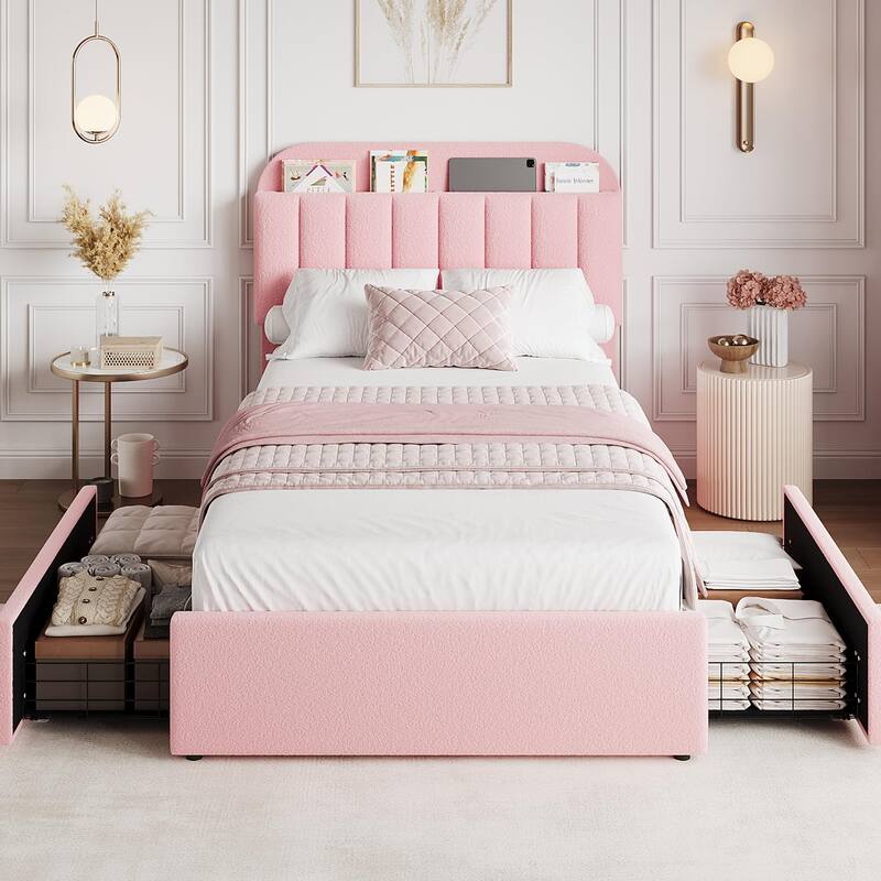 Twin XL/Queen Bed Frame with 2 Flexible Drawers and Bookcase Headboard, Boucle Upholstered Platform Bed for Boys/Girls