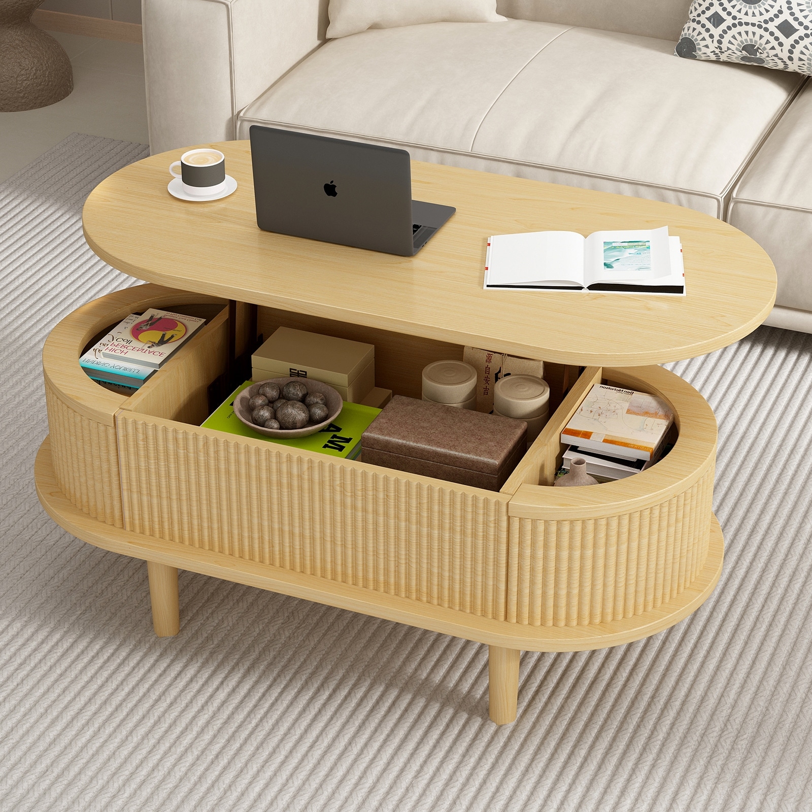 Fluted Lift Top Coffee Table with Hidden Compartment, End Table Natural Wood Side Table Center Table