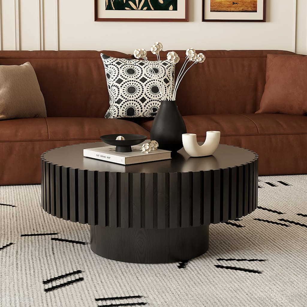 GDFStudio - Modern Handcrafted Relief Round Wooden Coffee Table with Pedestal Base