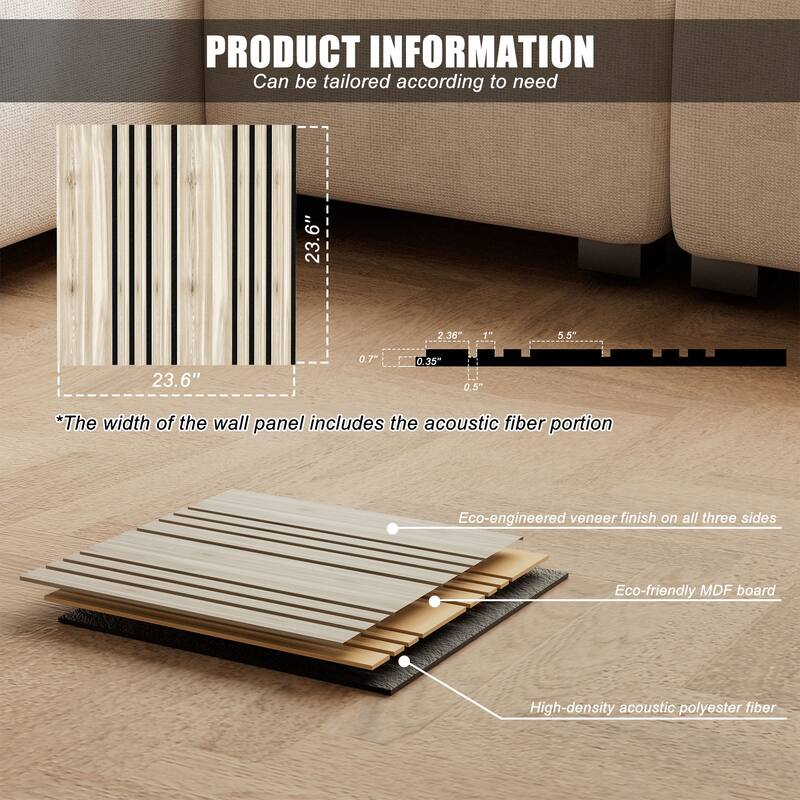 23.6" x 23.6" Wood Slat Acoustic Wall Panels for Ceiling and Wall Decor, 8-Pack (31 sq ft)