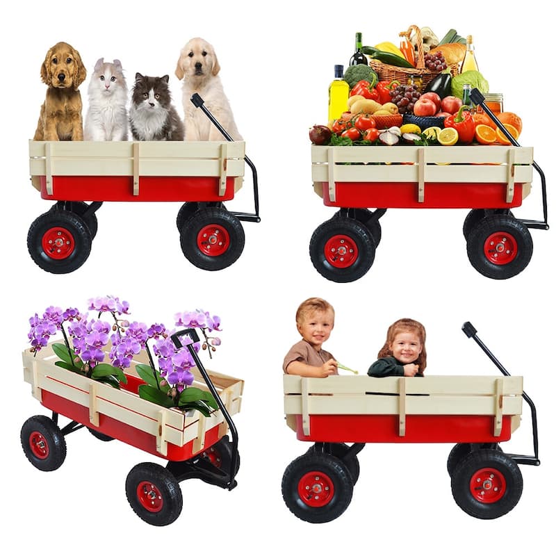 Outdoor Garden Cart, All Terrain Cargo Wagon Wood Railing Children - 39.37" x 19.3" x 20.28" (L x W x H)