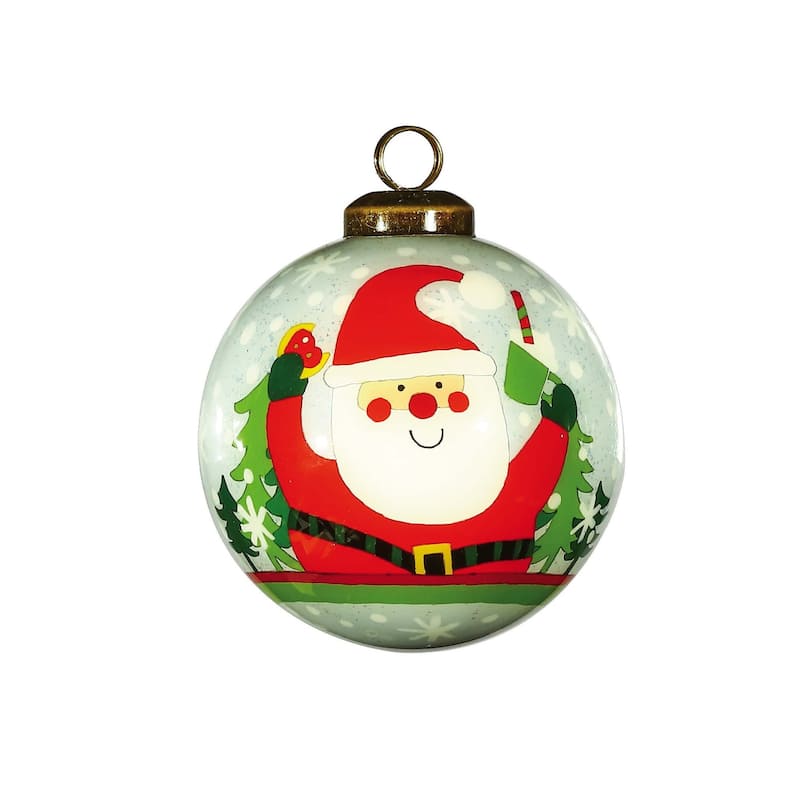 Festive Glitter Santa Hand Painted Mouth Blown Glass Ornament - 3" x 3" x 3"