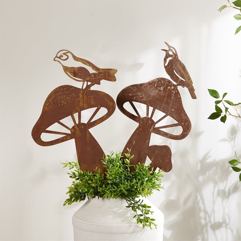 Metal Bird and Mushroom Garden Stake (Set of 2)