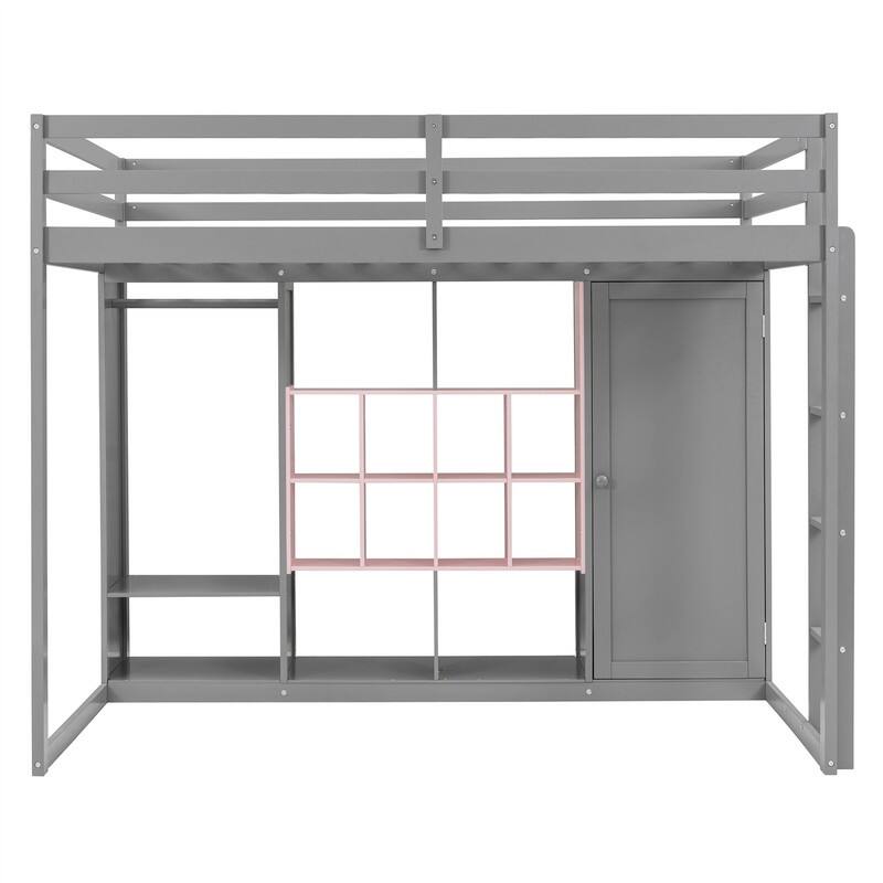 Twin/Full Size Loft Bed with Wardrobe and Cabinet, Wooden Loft Bedframe with Storage Shelves, Ladder and Guardrail for Kids