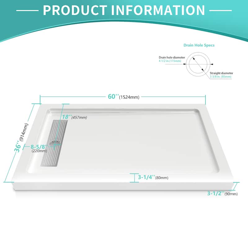 i-Homare 36" X 60" Rectangular Shower Base with Side Trench Drain and 3 Aluminium Flanges,Including Drain Cover