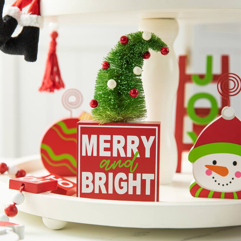 Glitzhome Halloween Christmas Gnome Pumpkin Block Set Word Sign Table Decor with Tiered Tray