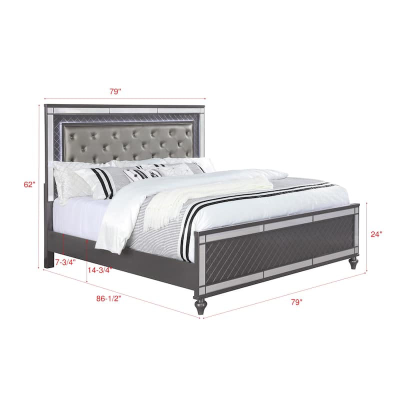 Ina Gray LED Faux Leather Upholstered Tufted Panel Bed