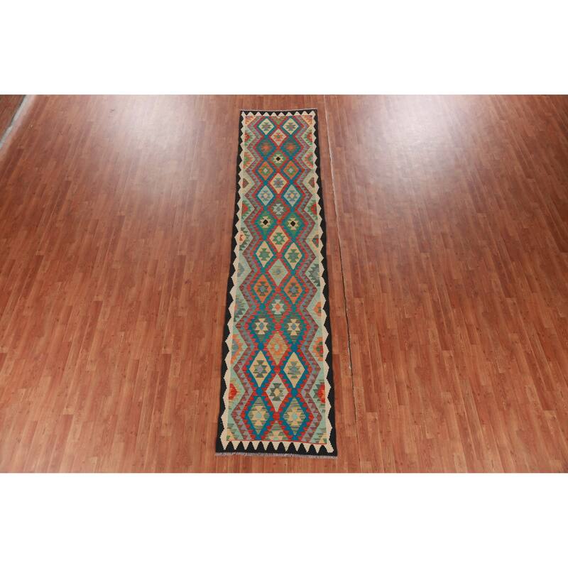 Geometric Kilim Oriental Runner Rug Hallway Hand-Woven Wool Carpet - 2'10" x 13'0"