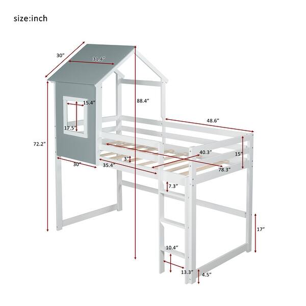 Twin Loft Bed with Roof, Wood Loft Bed Frame House Bed with Ladder