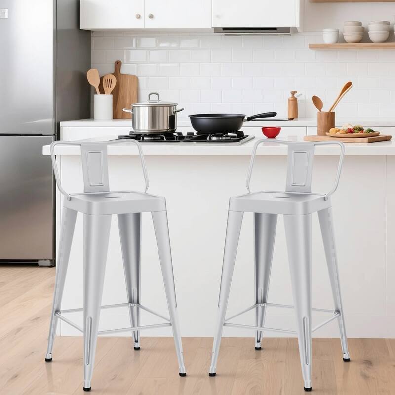 Metal Counter & Bar Stools Set of 4, 26" and 30" Seat Height Barstools with Metal Frame and Low Back for Kitchen lsland - Silver - Counter Height - Set of 2