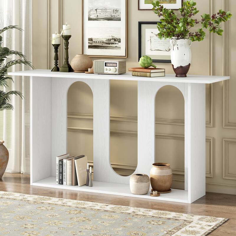 Curved Base Design Console Table Accent Table with Shelf for Entryway Hallway Living Room - White