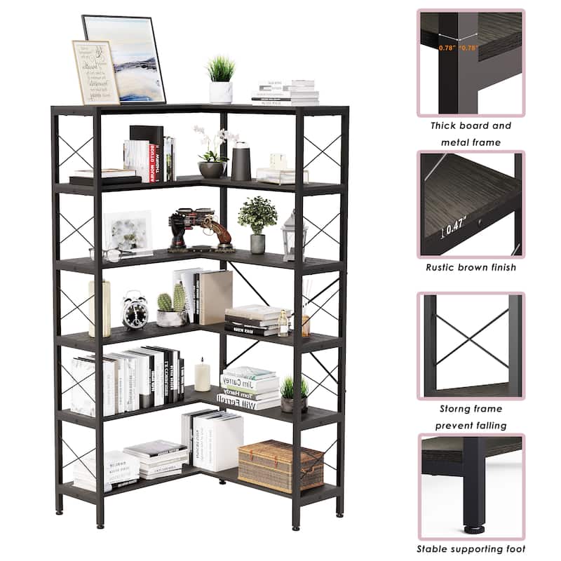 6-Shelf Corner Bookcase, Vintage Industrial Corner Shelf Stand Etagere Bookcase