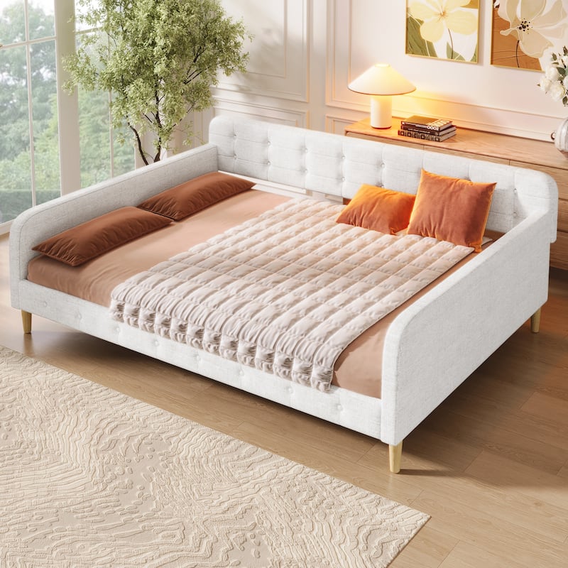 Queen Upholstered Linen Daybed with Tufted Backrest - Beige