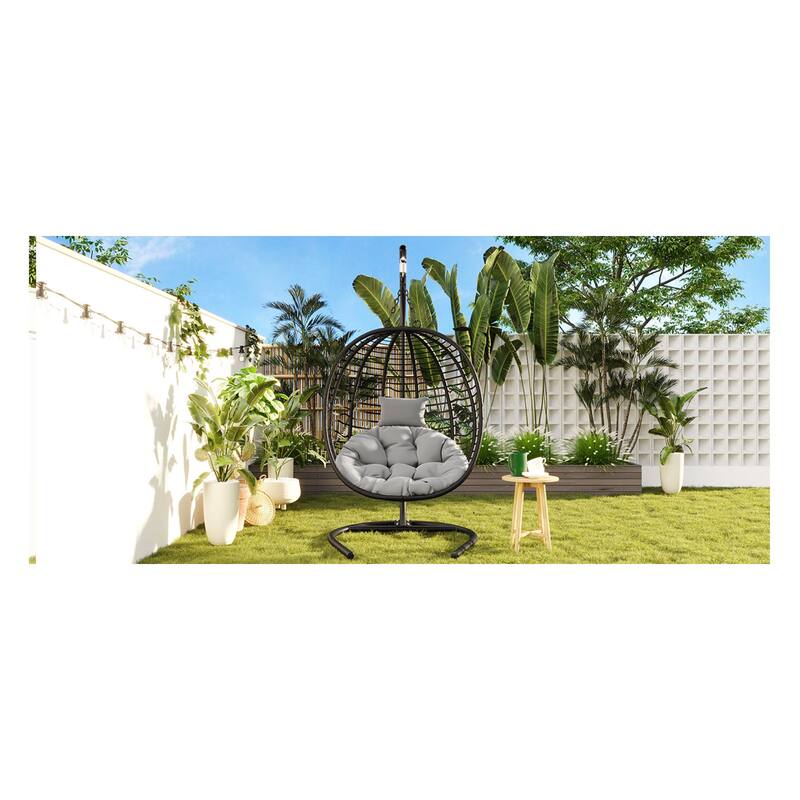 Roomfitters Single Person Folding Egg Chair with Stand, UV Resistant Wicker Rattan Swing for Patio, Garden