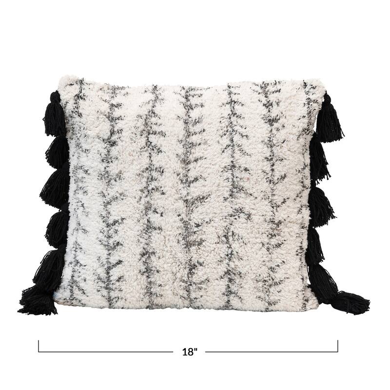 Cotton Printed Tufted Pillow with Tassels, Black and Cream Color