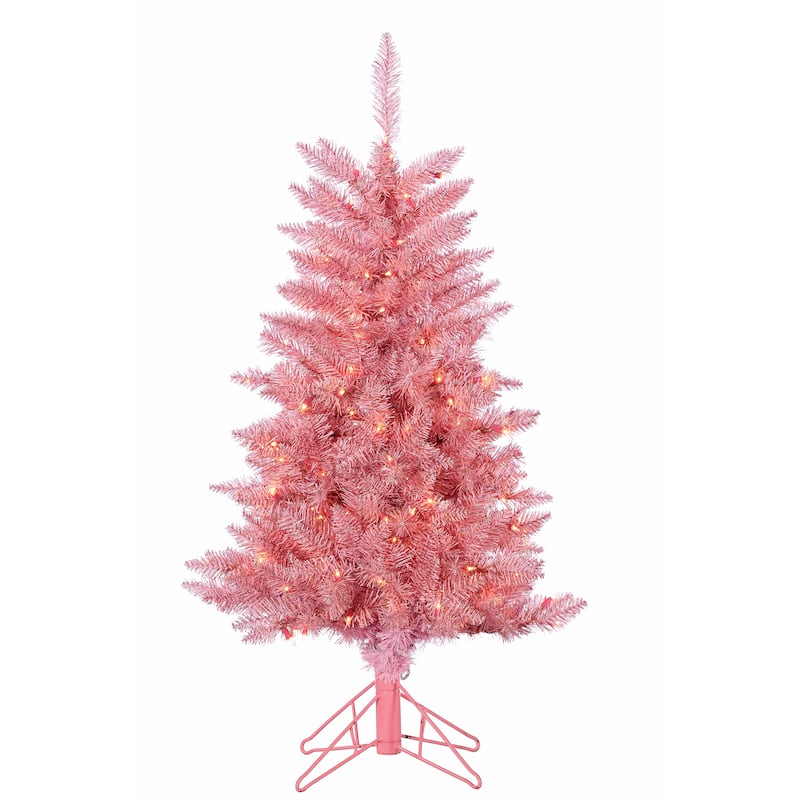 4 Foot Pink Tuscany Tinsel Tree with 150 Clear Lights - N/A