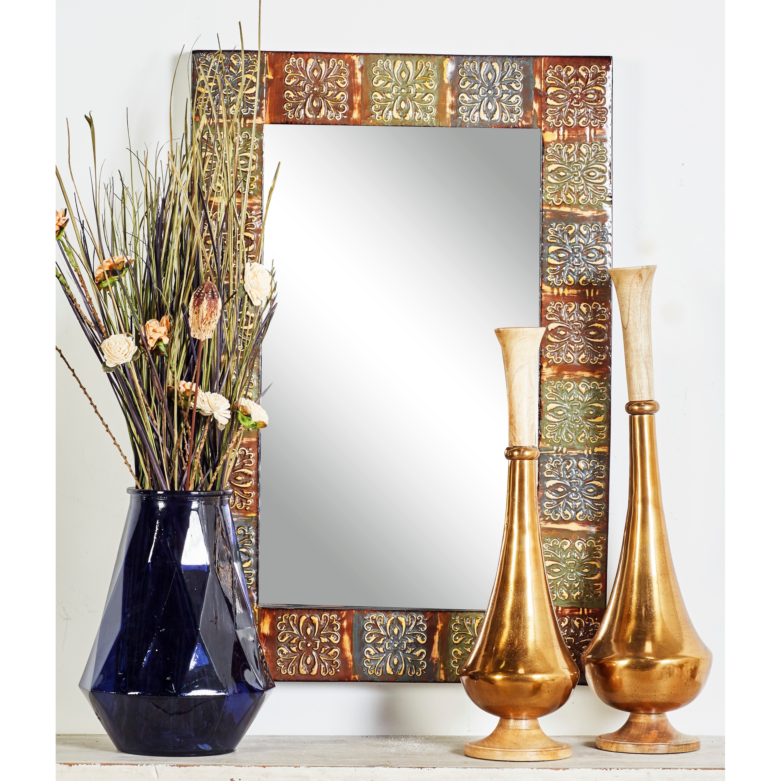 Multi Colored Metal Floral Room Wall Mirror with Embossed Metal