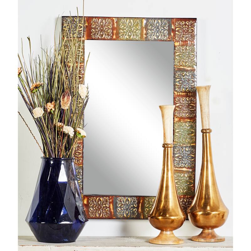 Multi Colored Metal Floral Room Wall Mirror with Embossed Metal - Multi Colored