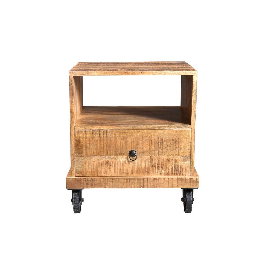 Handmade Industrial Reclaimed Wood and Iron Wheeled End Table (India) - 26" x 21.65" x 19.70"