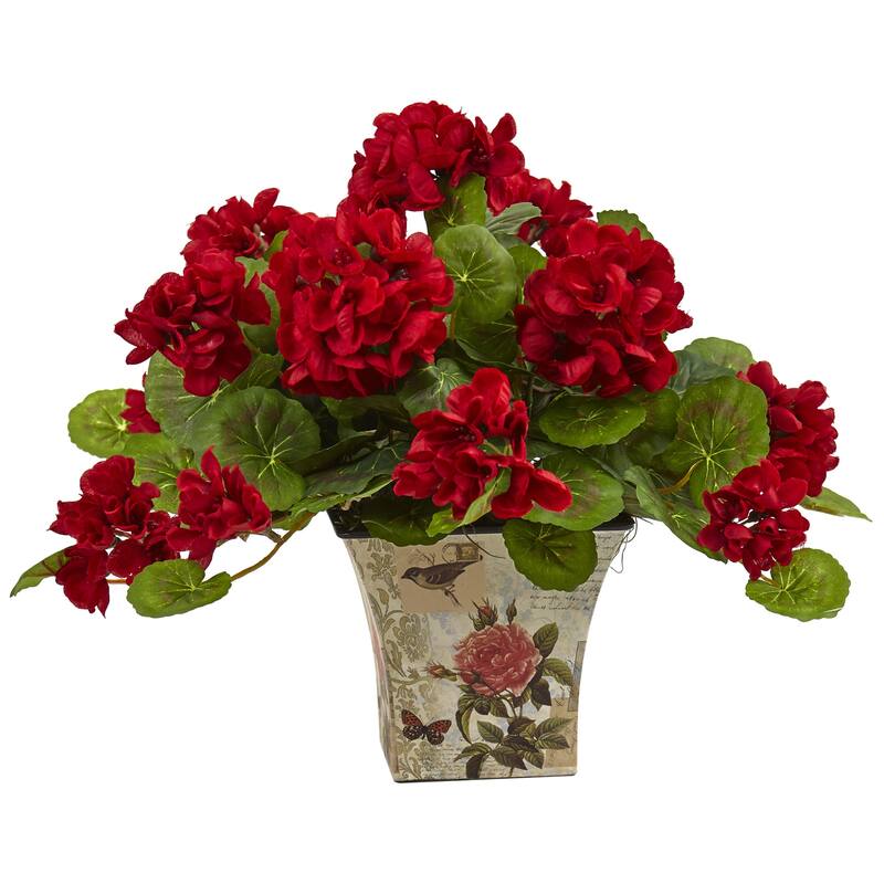 2 Red Geranium Flower Artificial Silk Plants Floral Planter 13"