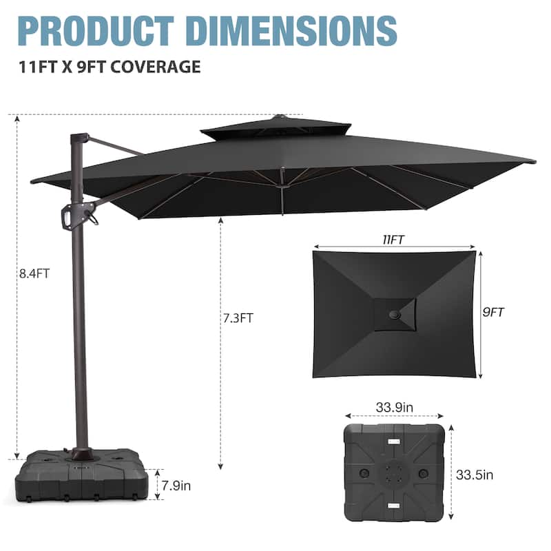 VredHom Patio Outdoor 9 x 11 FT Double Top Cantilever-Offset Umbrella with HDPE Wheel Base