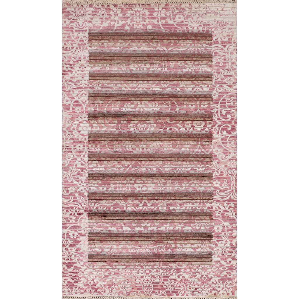 Striped Pink Abstract Modern Accent Rug Handmade Wool Carpet - 2'7"x 4'9"