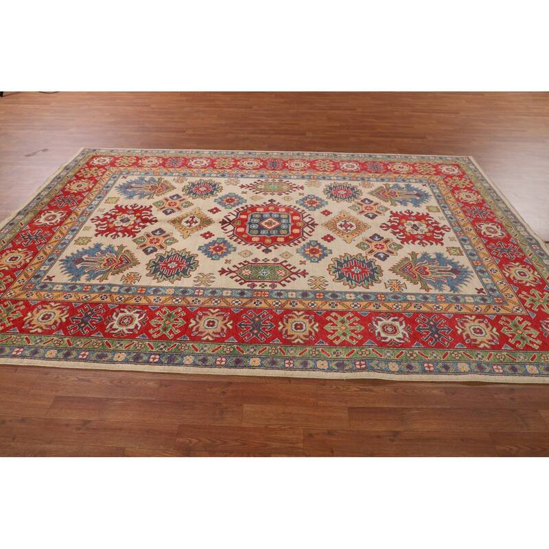 Geometric Kazak Area Rug Hand-Knotted Beige / Ivory Wool Carpet - 6'5" x 9'8"