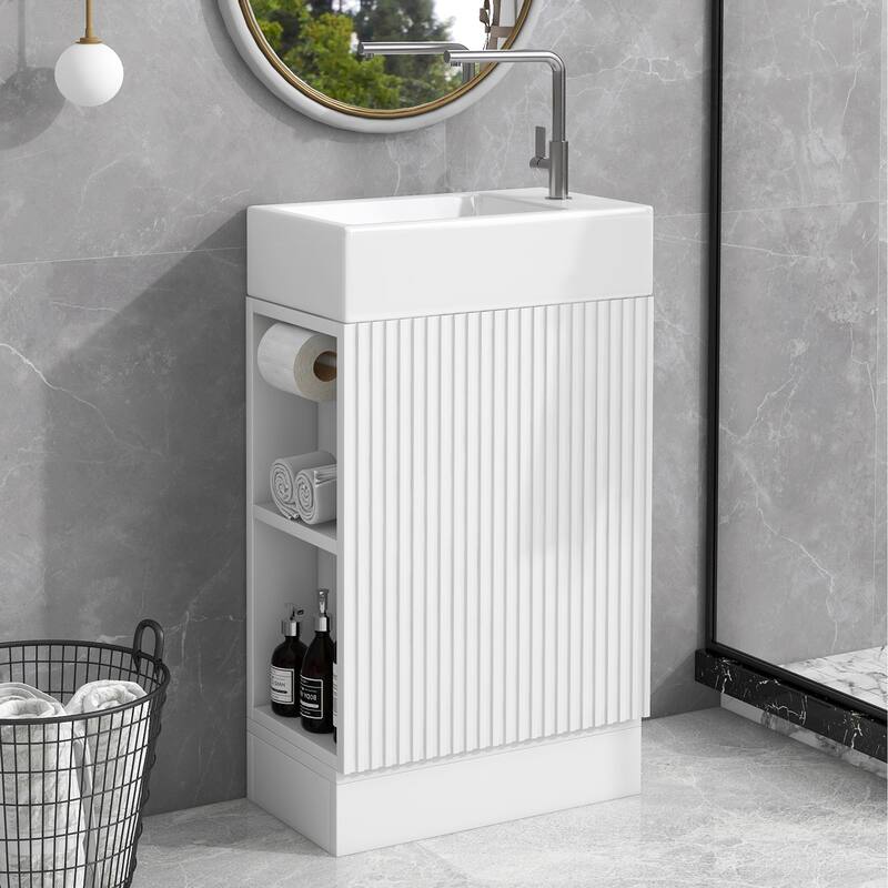 18.6" Vertical Stripe Door Cabinet Bathroom Vanity with Sink, Toilet Paper Holder and 2-tier Shelf - Available Left or Right