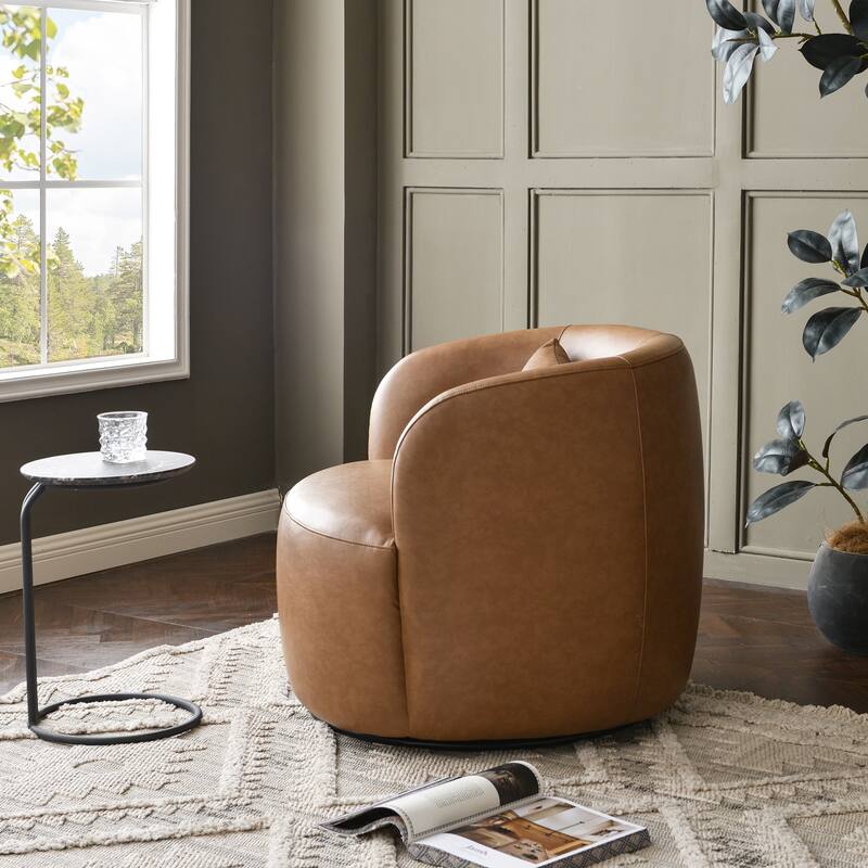 KINWELL 34" Wide Swivel Faux Leather Barrel Armchair Upholstered PU Leather Accent Chairs for Living Room Office Lounge