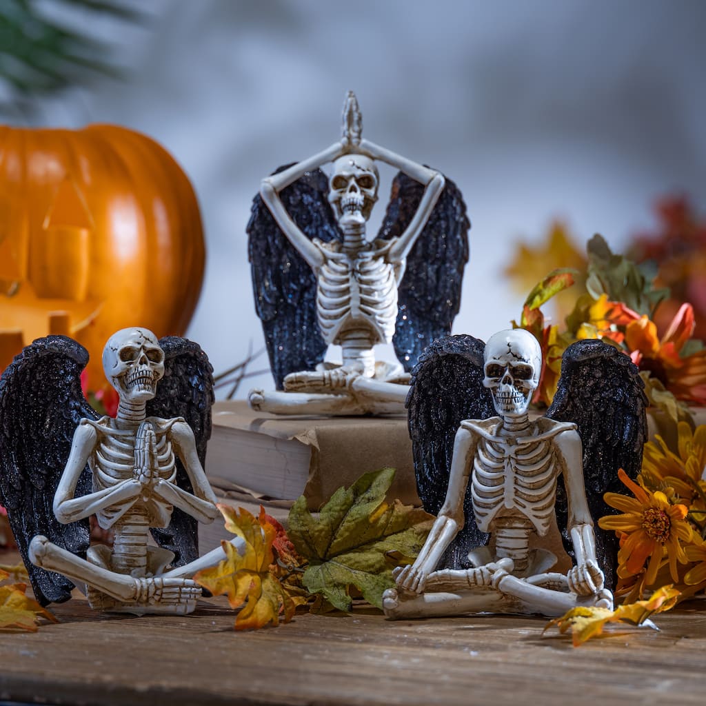 6.69 Inch Resin Halloween Yoga Skeletons with Wings Set of 3