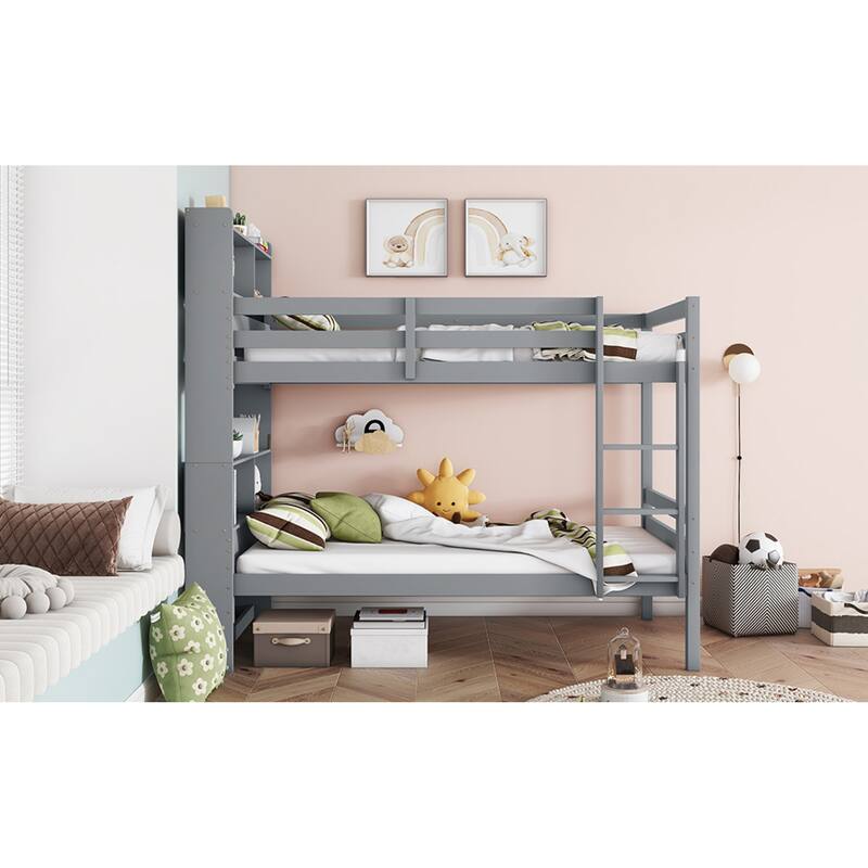 Roomfitters Twin Over Twin Rubber Wood Bunk Bed with Shelves Headboard, Convertible Design, Ladder and Safety Guardrails