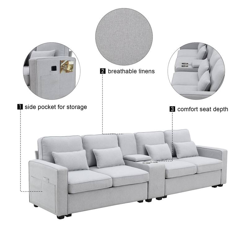 114.2" Linen Fabric Upholstered Sofa with 2 USB Ports and 2 Cupholders