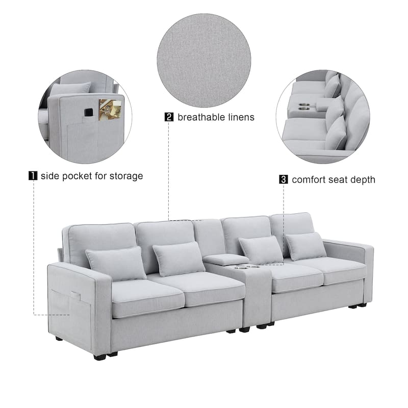 Modern 4-Seat Sofa with Console, Wireless Charging, 2 Cupholders, and 4 Pillows, Upholstered in Linen Fabric