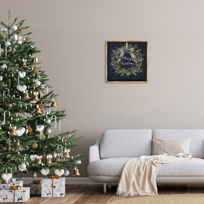 Stupell Hanging Christmas Wreath with Bow Framed Floater Canvas Wall Art Design By Elizabeth Tyndall