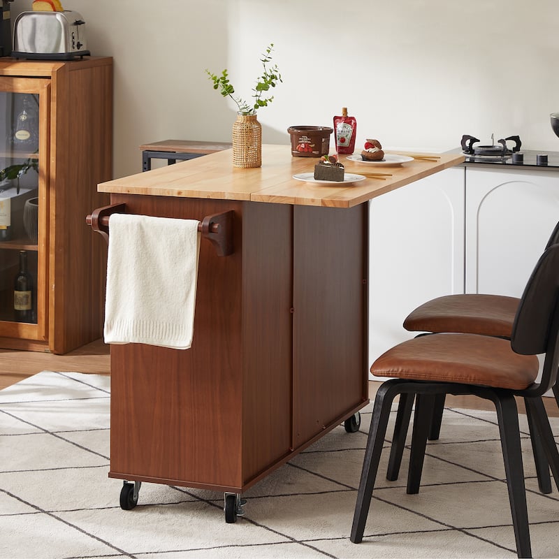 Kitchen Island with Drop Leaf and Storage, on Wheels Two Drawers, Large Storage Cabinet, Towel Rack Spice Cart
