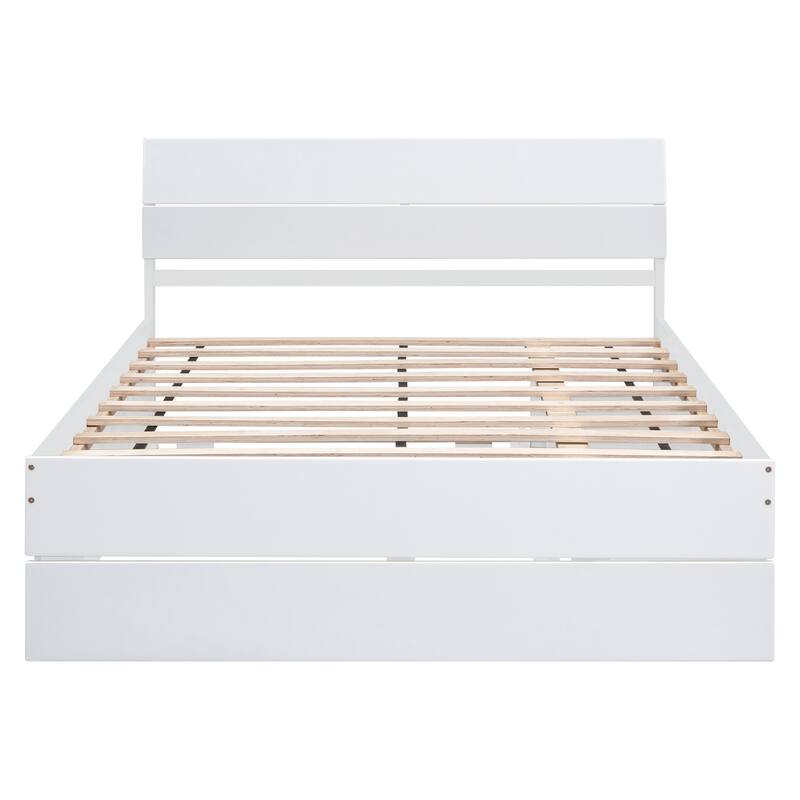 Modern Full Bed Frame with Twin Trundle, 2 Drawers, White High Gloss Finish