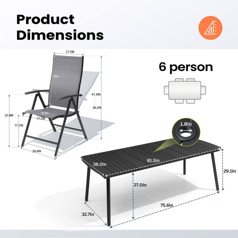 Outdoor Patio Dining Table Rectangular Aluminum with Durable Adjustable Reclining Folding Chair
