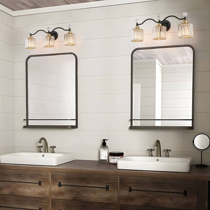 Starsky 3-Light Modern Crystal Bathroom Vanity Fixture with Ribbed Glass Shades and Sparkling Crystal Ball Accents