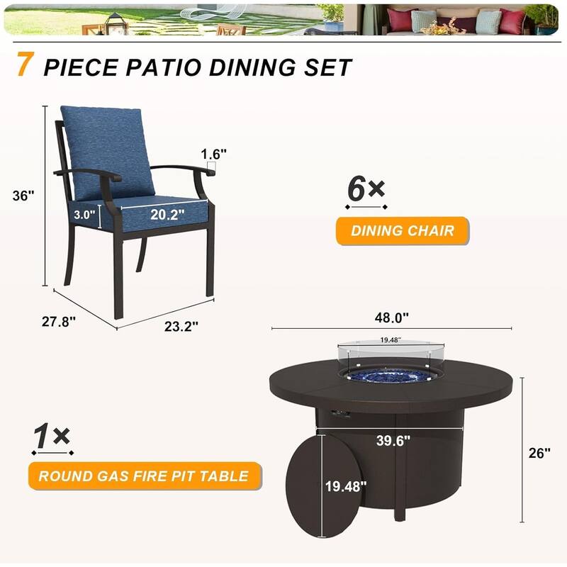 Metal 7 Piece Outdoor Dining Set with Round Fire Pit - 6Chairs + RoundFirepit
