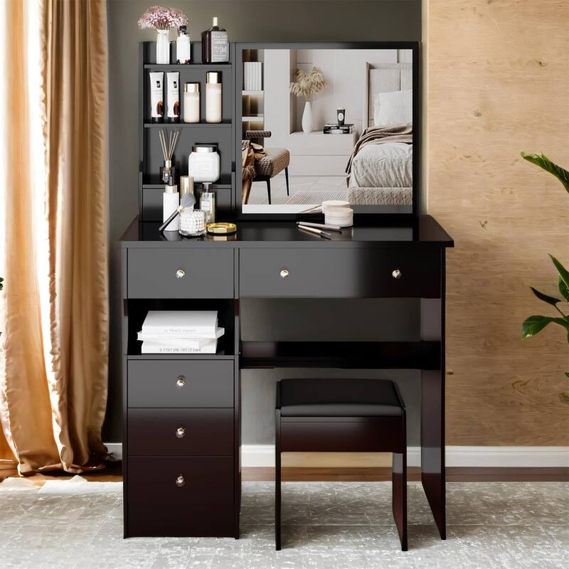 37" Bedroom Vanity Set with Sliding Mirror & Cushioned Stool