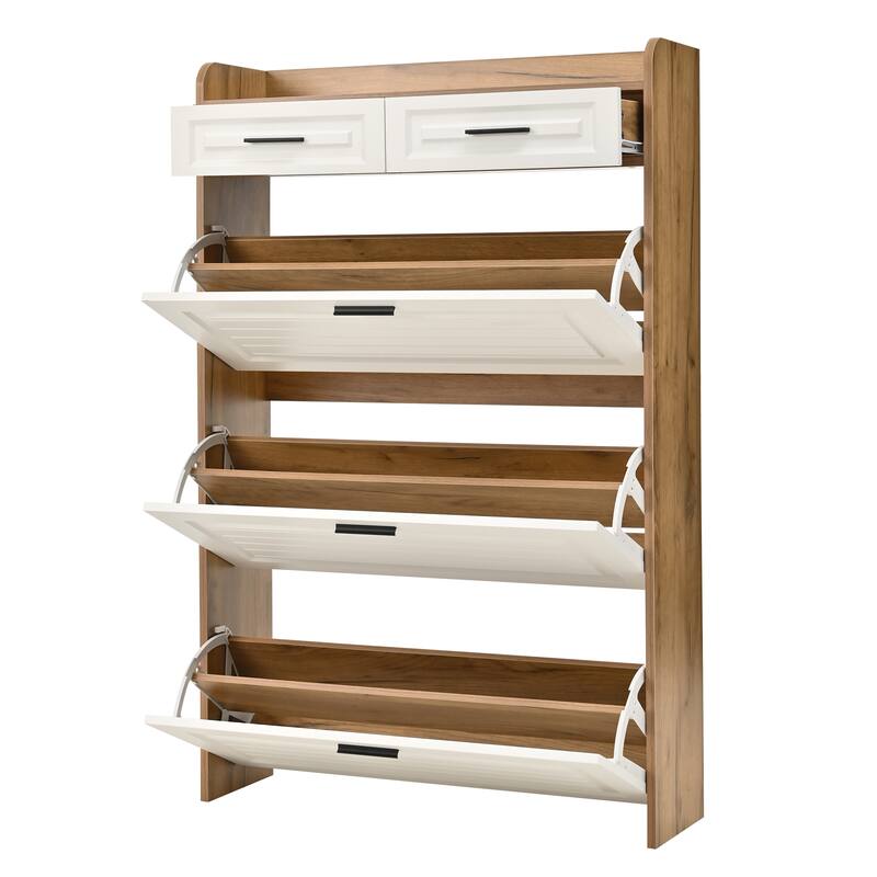 Shoe Cabinet with 3 Flip Drawers & 2 Drawers, Hidden Slim Shoe Rack Cabinet, Wood Entryway Narrow Shoe Storage Cabinet - White+Walnut