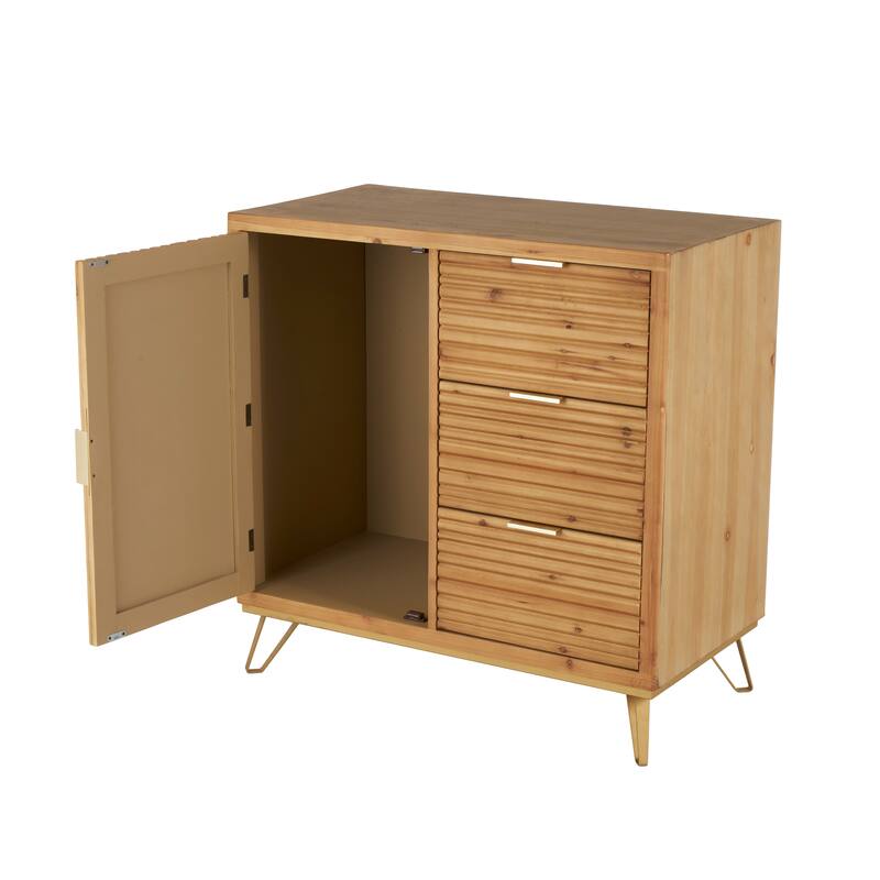 Brown Wooden Ribbed 1 Door and 3 Drawers Cabinet with Gold Metal Handles