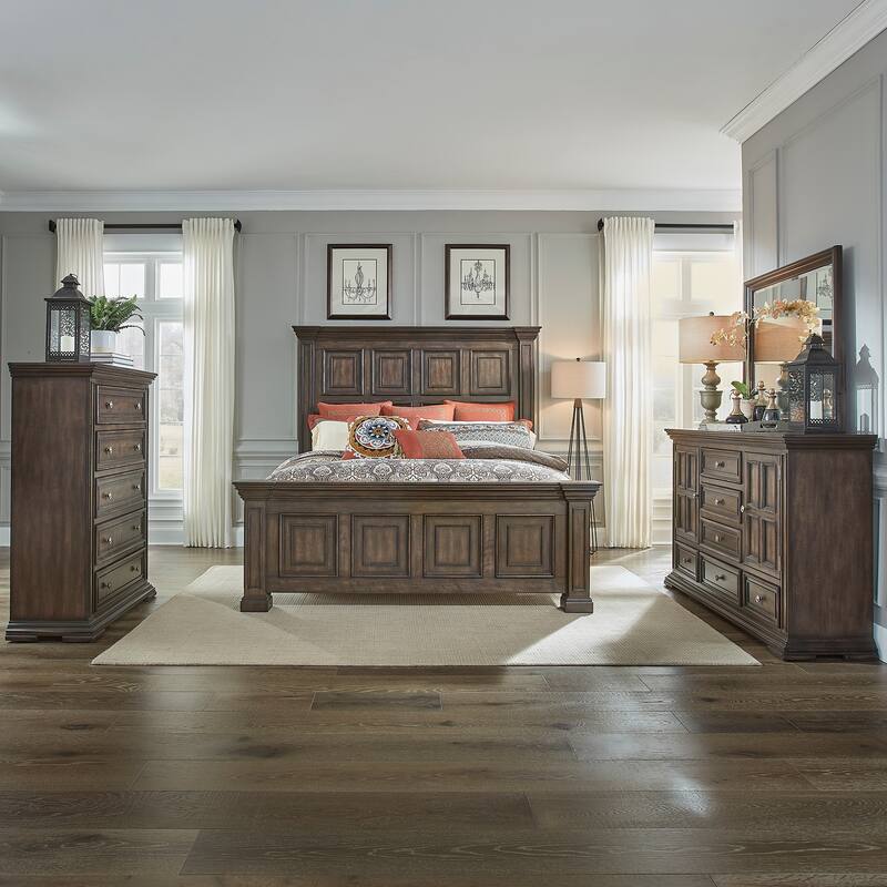 Liberty Furniture Big Valley Panel Bed, Dresser, Mirror, Chest - California King, King or Queen - Brownstone w/ Heavy Distressing - California King