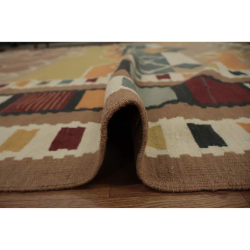 Hand Woven Oriental 100% Wool Carpet Southwestern Tribal Brown Kilim Area Rug - 14' 2'' X 11' 10''