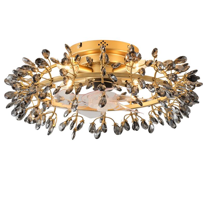 23" Modern Gold 4-Light Grey Crystal Low-Profile Flush Mount Ceiling Fan with Remote