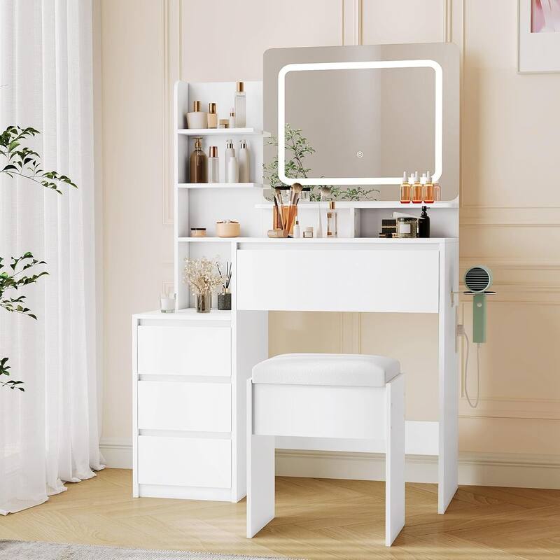 4 Drawer Makeup Vanity Desk Set with Power Outlet, USB Ports, Stool - White