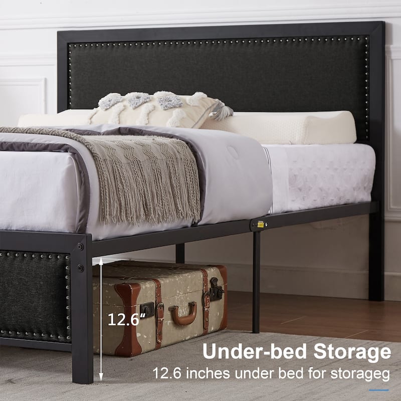 VECELO Bed Frame with Upholstered Linen Headboard and Footboard Heavy-Duty Platform with Strong Metal Slats