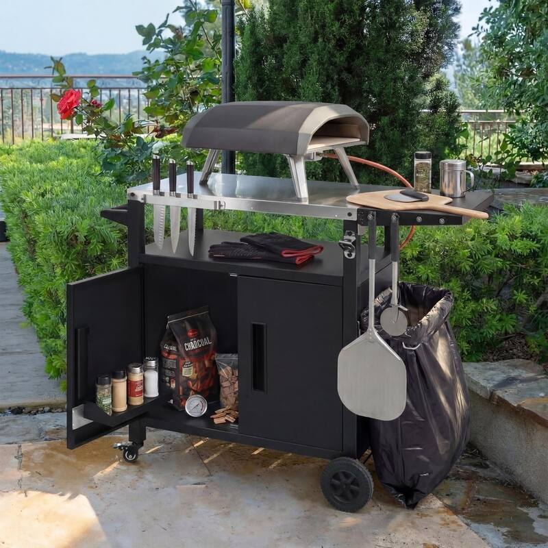 Outdoor Grill Cart with Foldable Table, Storage Cabinet & Wheels
