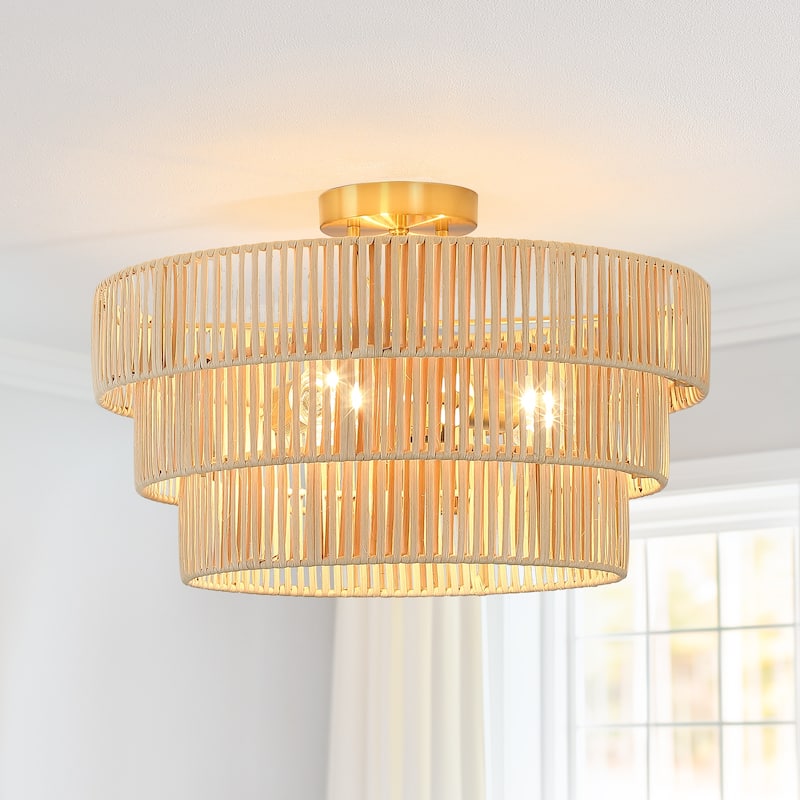 Piersan 3-Light Semi-Flush Mount with Tiered Rattan shades - 18'' W - 18'' W - Brass