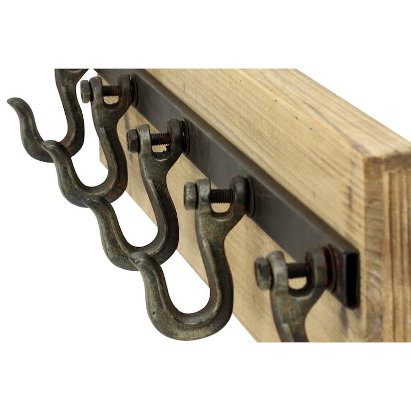 Wood 5 Hanger Wall Hook with Black Metal Hardware - Brown - Roche River Decor - 4"W x 24"L x 6"H